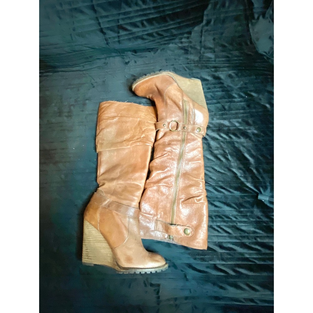 Bakers Brown Leather Slouchy Wedge Lug Sole Knee High Boots Boho Sz 7